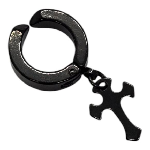Men's Stainless Steel Cross Huggie Hoop Earring Black Dangle Clip On Jewelry NEW - Picture 5 of 5